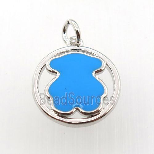 copper circle pendant with blue enameling bear, platinum plated