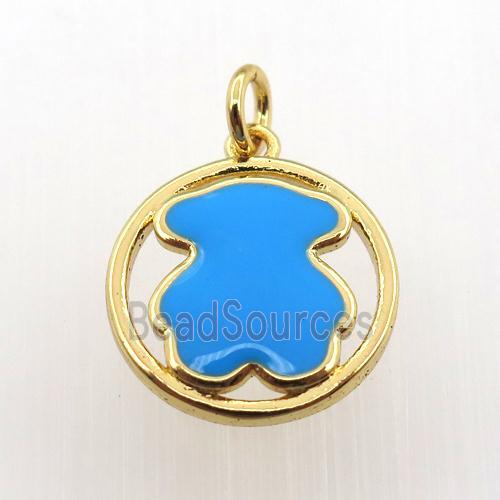 copper circle pendant with blue enameling bear, gold plated