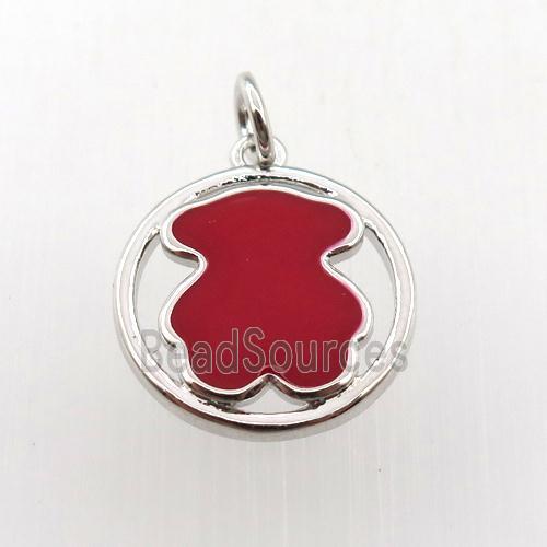 copper circle pendant red blue enameling bear, platinum plated