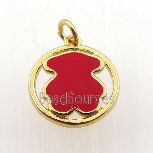 copper circle pendant red blue enameling bear, gold plated