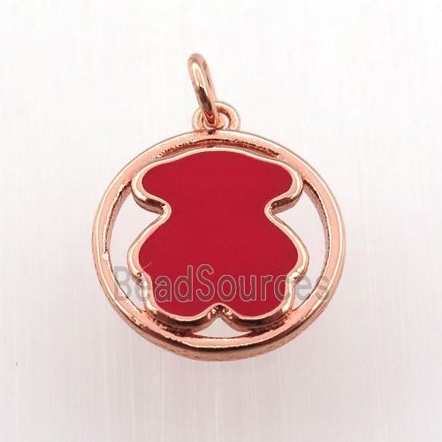 copper circle pendant red blue enameling bear, rose gold