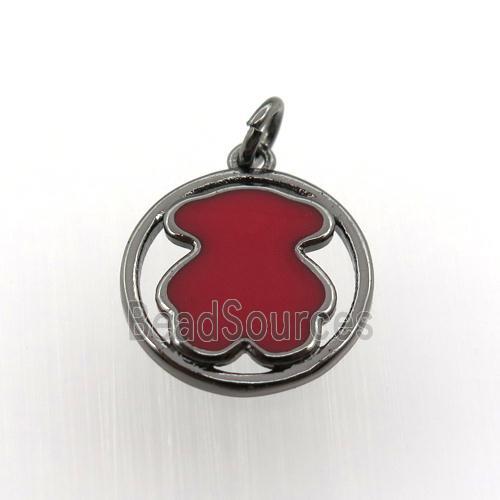 copper circle pendant red blue enameling bear, black plated