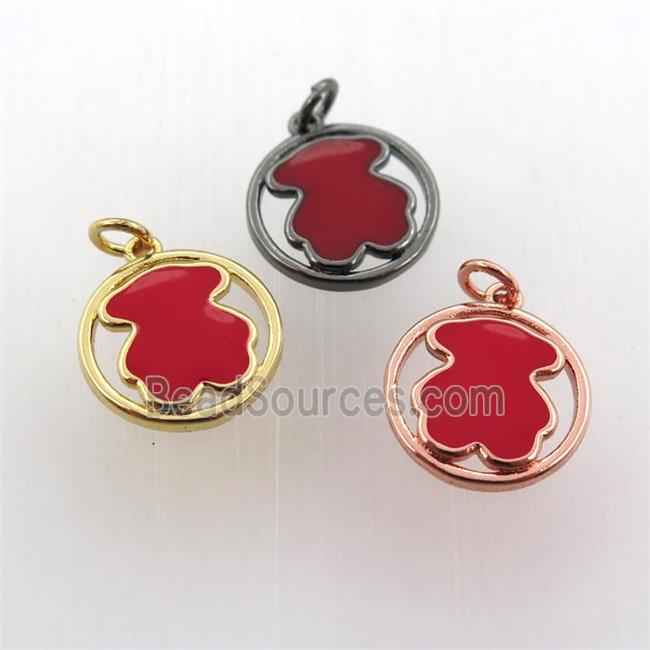 copper circle pendant red blue enameling bear, mix color