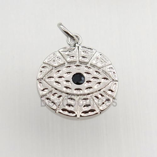 copper circle pendant paved zircon, eye, platinum plated