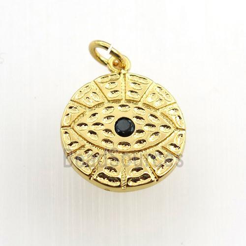 copper circle pendant paved zircon, eye, gold plated