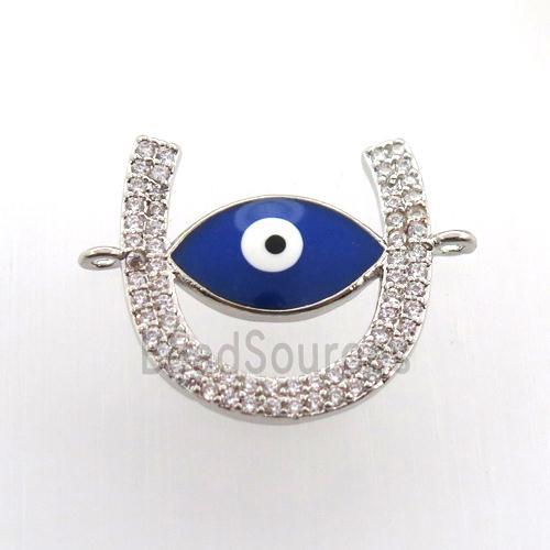 copper U-connector paved zircon with evil eye, platinum plated