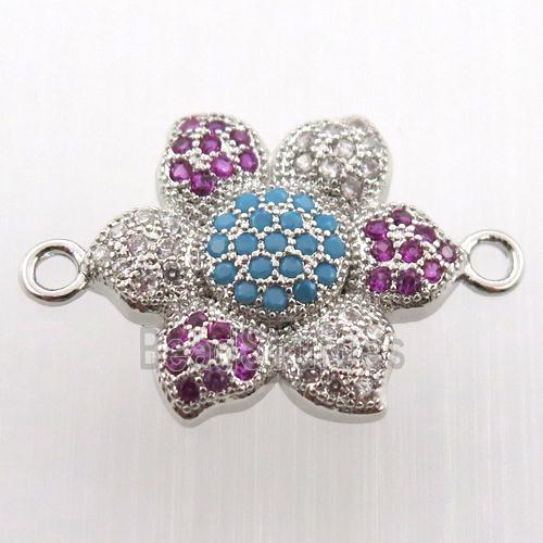 copper flower connector paved zircon, platinum plated