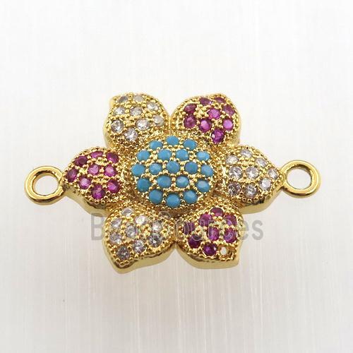 copper flower connector paved zircon, gold plated