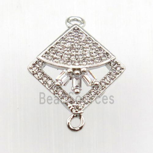 copper connector paved zircon, square, platinum plated