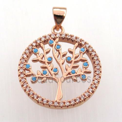 copper pendant paved zircon, tree of life, rose gold