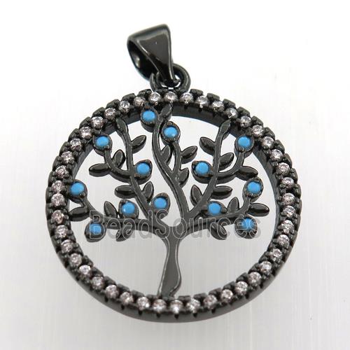 copper pendant paved zircon, tree of life, black plated