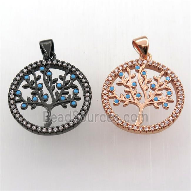 copper pendant paved zircon, tree of life, mix color