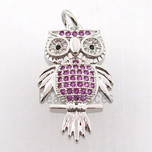 copper owl pendant paved zircon, platinum plated