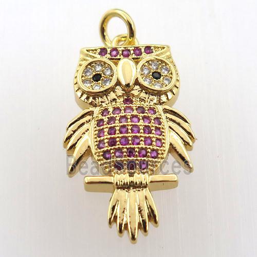 copper owl pendant paved zircon, gold plated