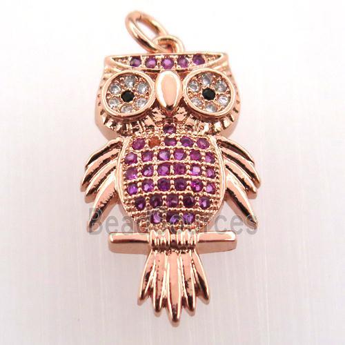 copper owl pendant paved zircon, rose gold