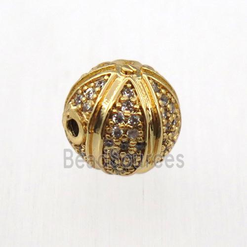 round copper beads pave zircon, gold plated