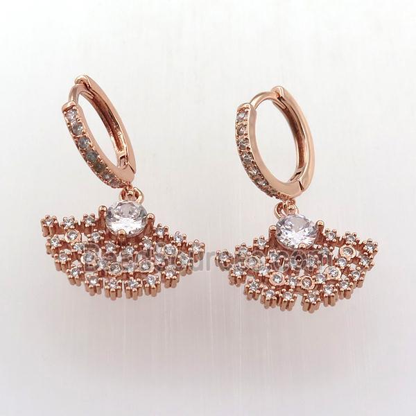 copper hoop earring pave zircon with fan, rose gold