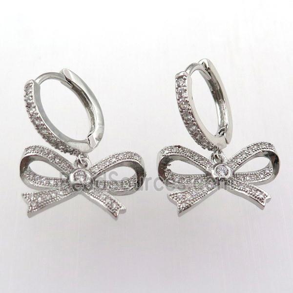 copper hoop earring pave zircon with ribbon, platinum plated