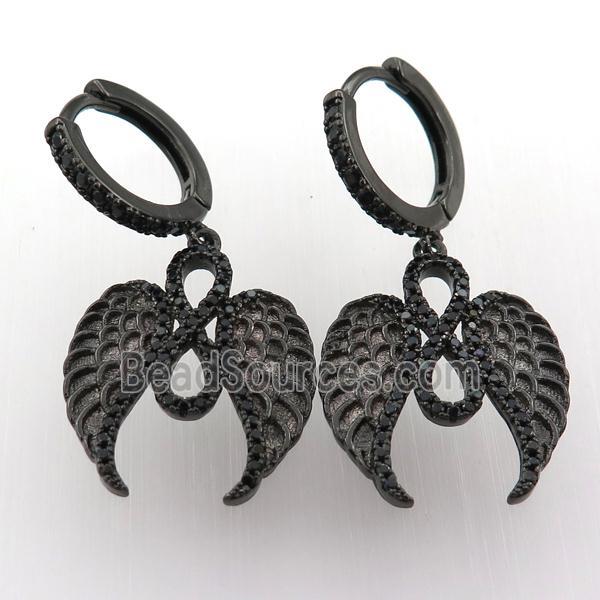 copper hoop earring pave zircon with angelwing, black plated