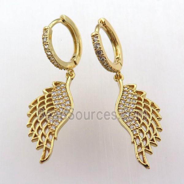 copper hoop earring pave zircon with angelwing, gold plated