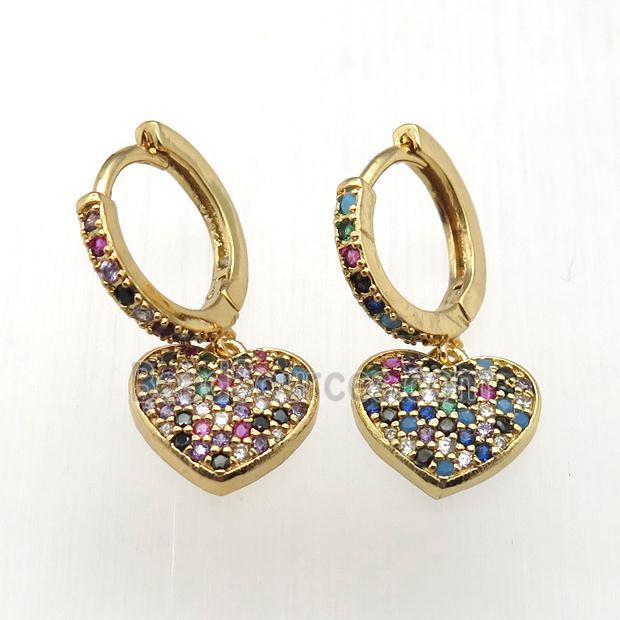 copper hoop earrings paved zircon with heart, gold plated