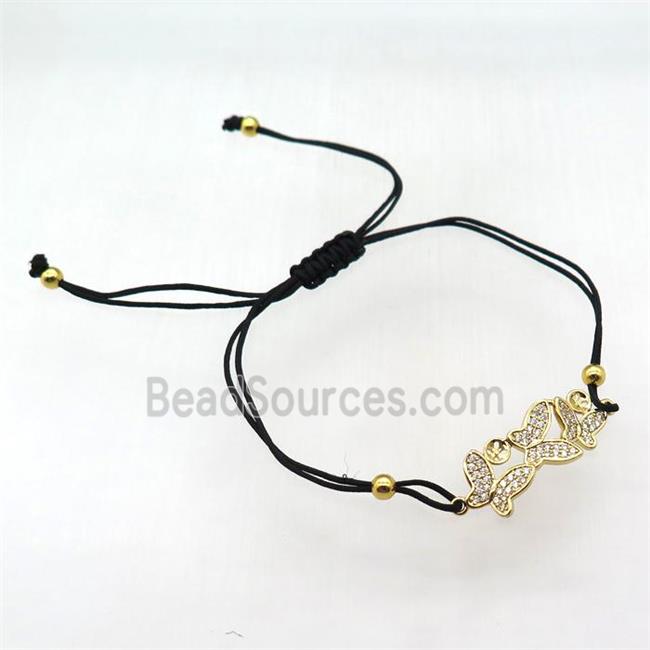 resizable nylon wire bracelet with butterfly pave zircon, gold plated