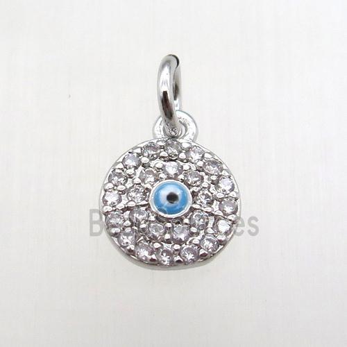 copper circle pendant paved zircon, eye, platinum plated