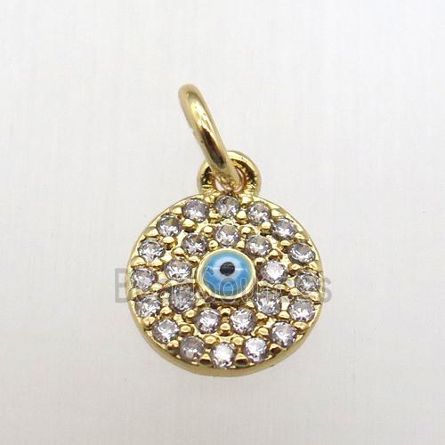 copper circle pendant paved zircon, eye, gold plated