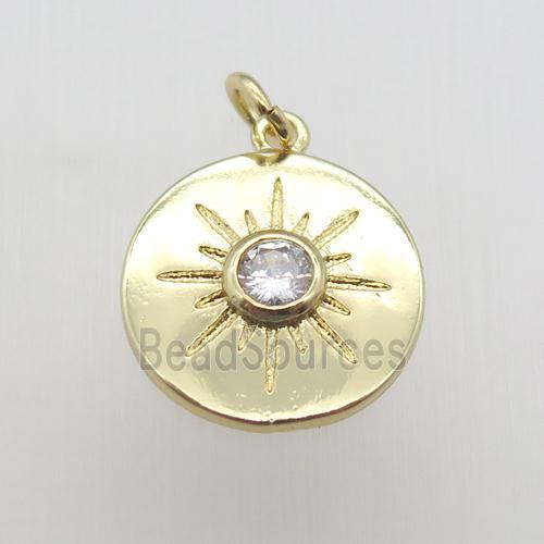 copper circle pendant paved zircon, eye, gold plated