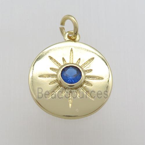 copper circle pendant paved zircon, eye, gold plated