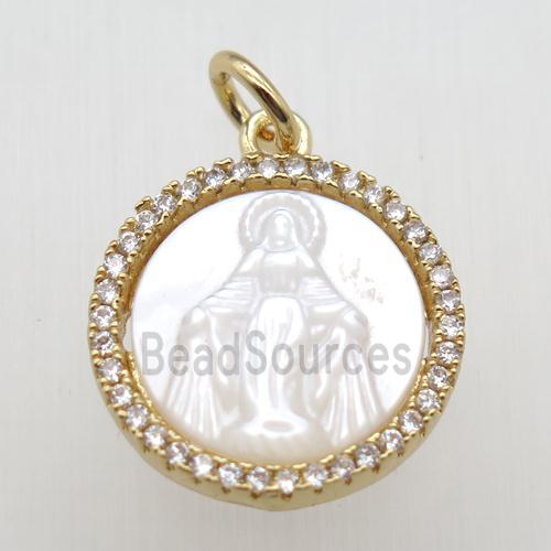 copper circle pendant paved zircon, shell Jesus, gold plated