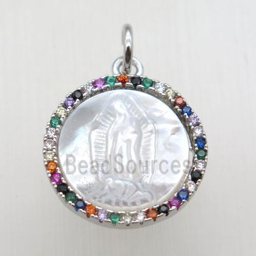 copper circle pendant paved zircon, shell Jesus, platinum plated