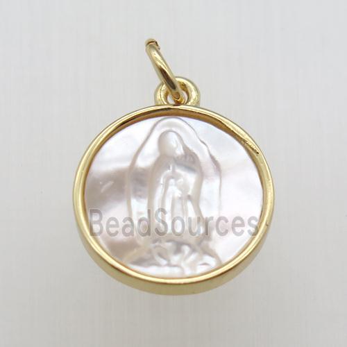 copper circle pendant with shell jesus, gold plated