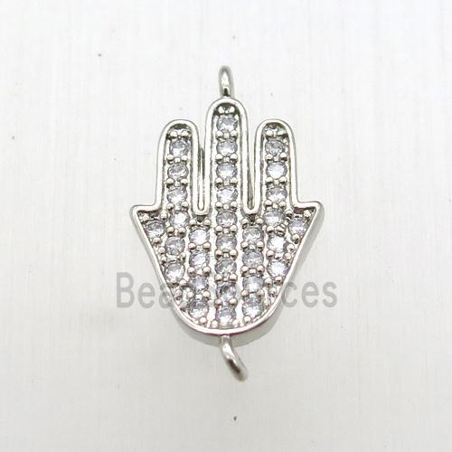 copper hamsahand connector paved zircon, platinum plated