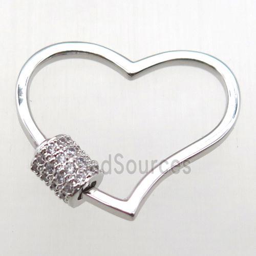 copper heart carabiner lock pendant paved zircon, platinum plated