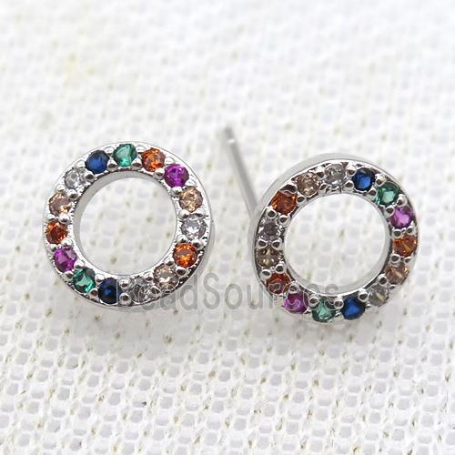 copper studs earring paved zircon, circle, platinum plated