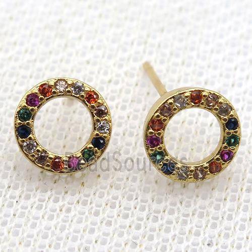 copper studs earring paved zircon, circle, gold plated