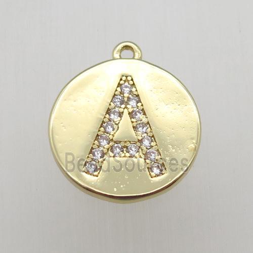 copper letter-A pendant pave zircon, gold plated