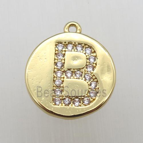 copper letter-B pendant pave zircon, gold plated