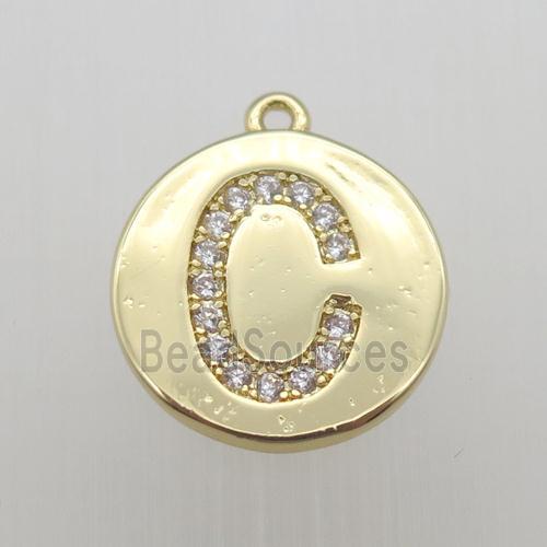 copper letter-C pendant pave zircon, gold plated