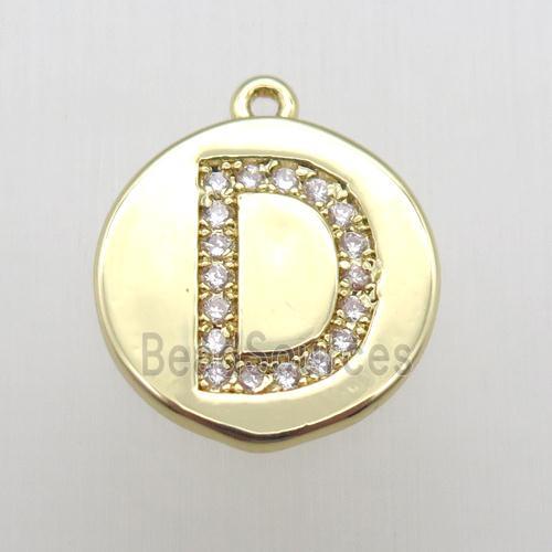 copper letter-D pendant pave zircon, gold plated