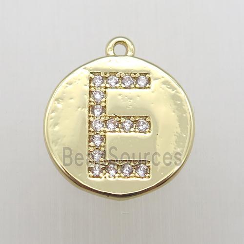 copper letter-E pendant pave zircon, gold plated