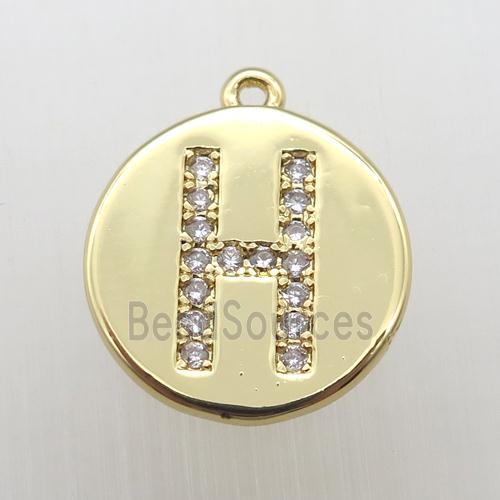 copper letter-H pendant pave zircon, gold plated