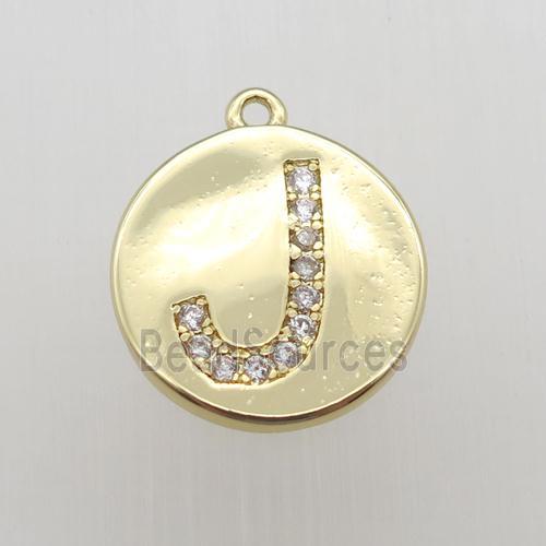 copper letter-J pendant pave zircon, gold plated