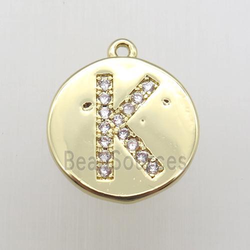 copper letter-K pendant pave zircon, gold plated