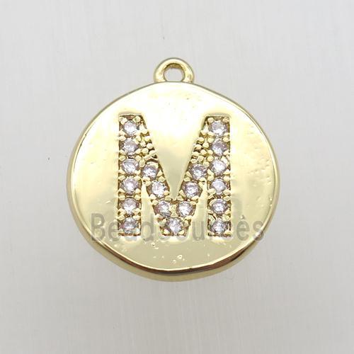 copper letter-M pendant pave zircon, gold plated