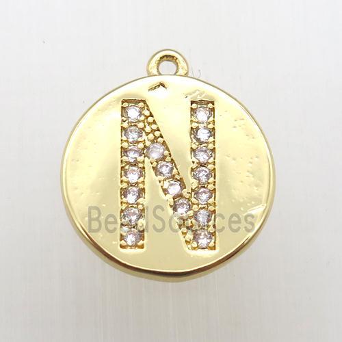 copper letter-N pendant pave zircon, gold plated