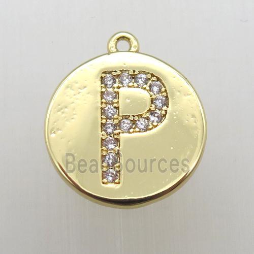 copper letter-P pendant pave zircon, gold plated