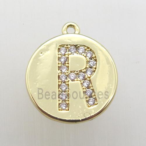 copper letter-R pendant pave zircon, gold plated