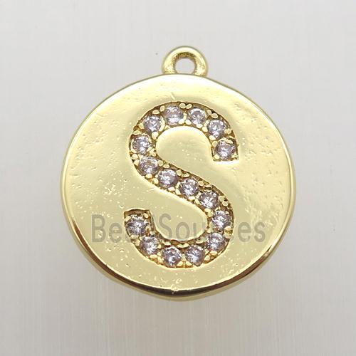 copper letter-S pendant pave zircon, gold plated